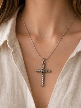 Stainless Steel Textured Cross Necklace Silver Snake Chain 18" Unisex